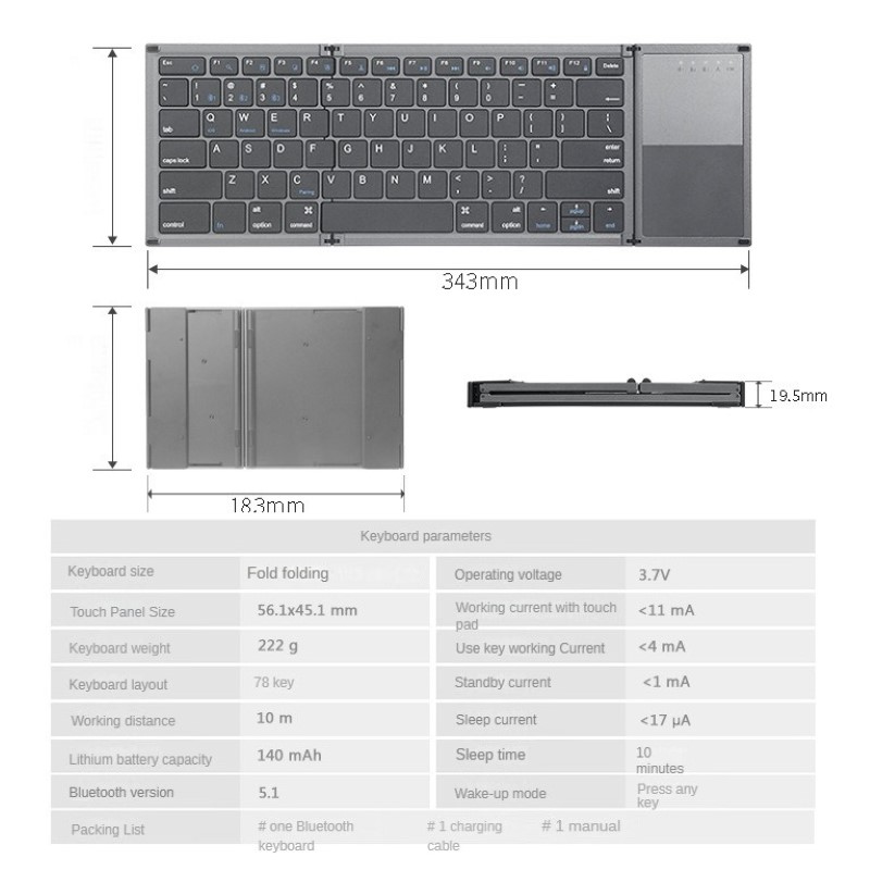 Bàn phím Gấp gọn không dây Bluetooth B66T - Tích hợp Chuột Touchpad - pin sạc TypeC- có hàng phím F1-F12 - Siêu nhẹ