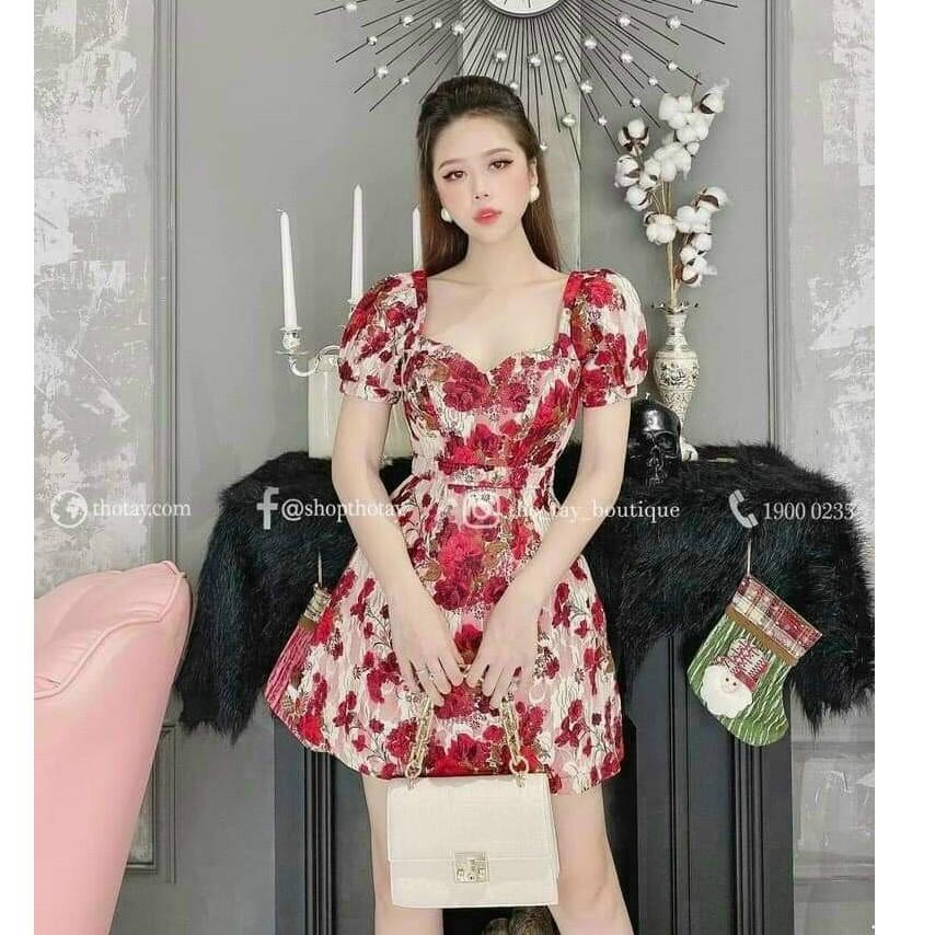 Đầm xoè cổ tim hoạ tiết hoa tay phồng