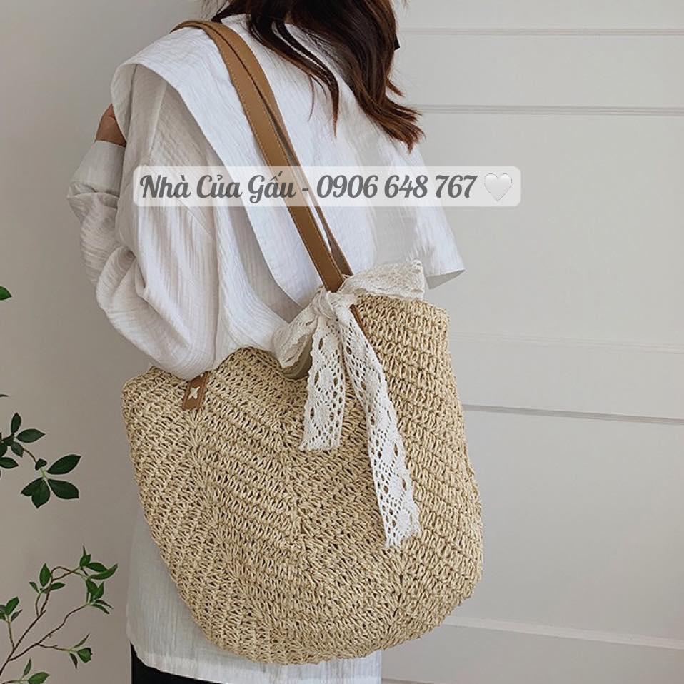 Túi cói tròn dây da form to mix nơ ren phải nói xinh xỉu luôn í