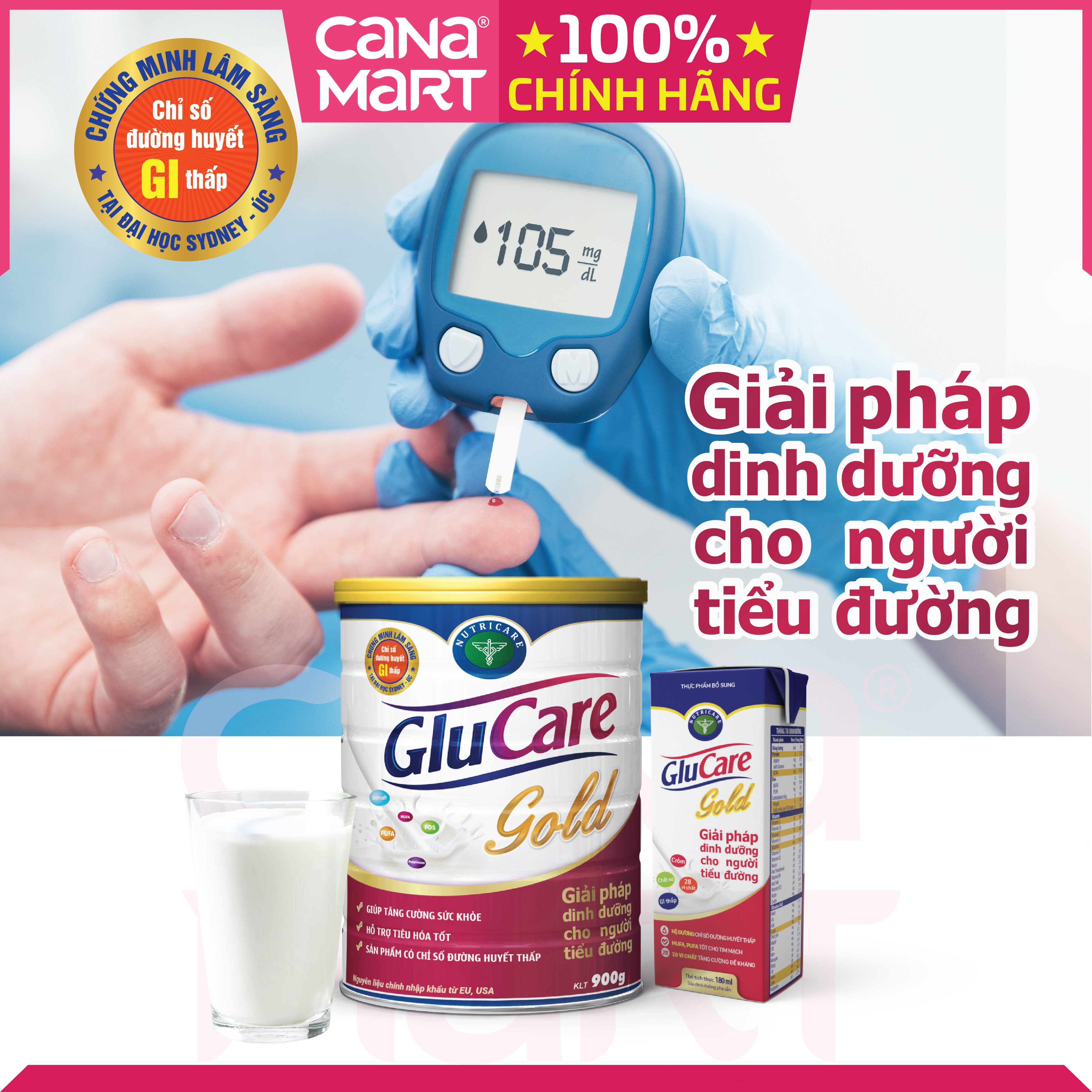 [Lốc 8 hộp x 180ml] Sữa pha sẵn Nutricare GLUCARE Gold giải pháp dinh dưỡng cho người tiểu đường, phụ nữ tiểu đường thai kỳ