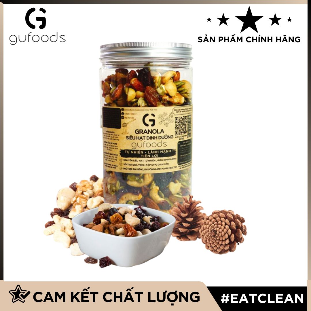 Granola thuần chay nướng mật dừa nước GUfoods (0% yến mạch; Mix siêu hạt mắc ca, nam việt quất, hạnh nhân, hạt điều, nho khô) - Dinh dưỡng, Tiện lợi, Thơm ngon, Giàu lợi ích sức khỏe