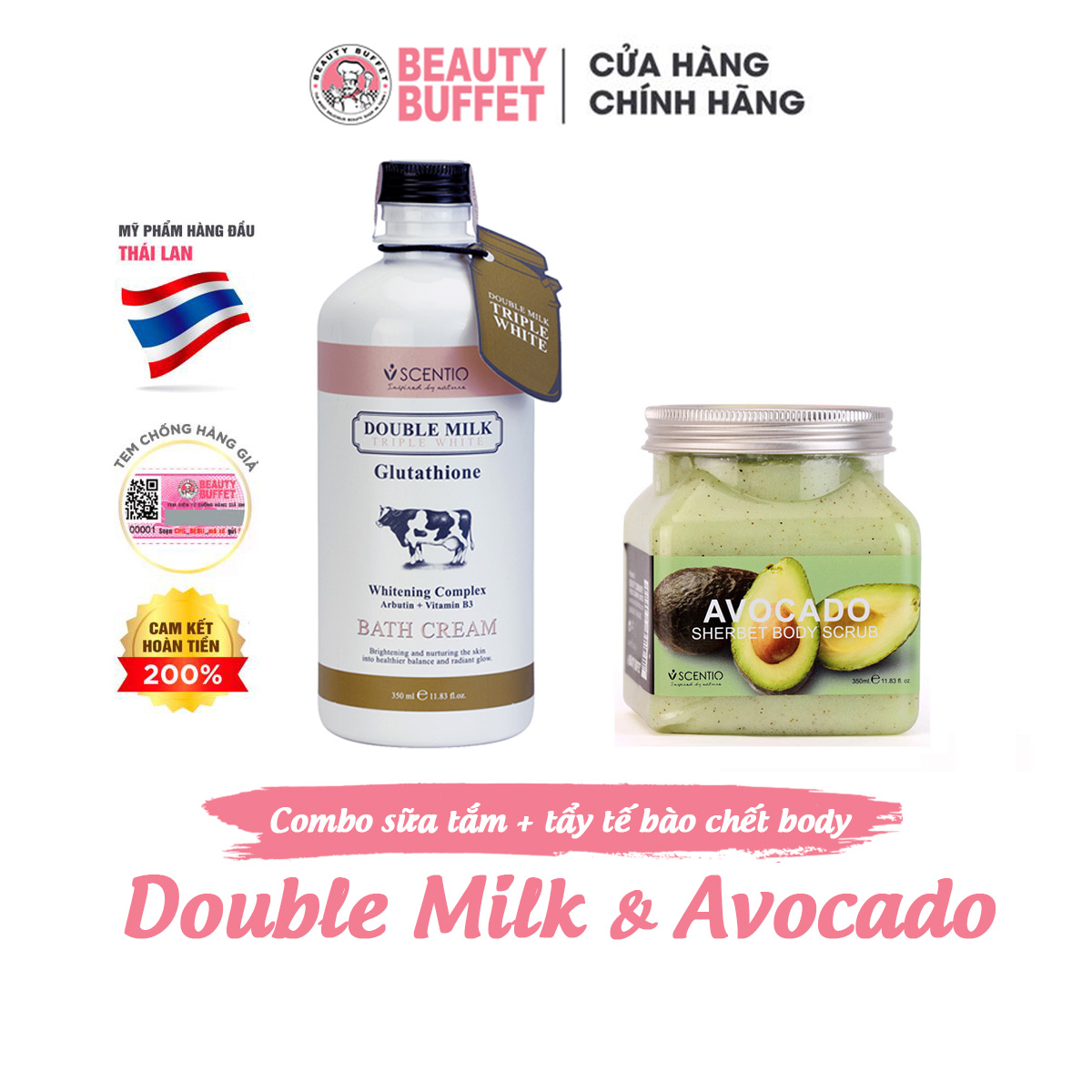 Combo Sữa Tắm Trắng Da Double Milk Và Tẩy Tế Bào Chết Body Làm Sáng Mịn Da Scentio Avocado 350ml