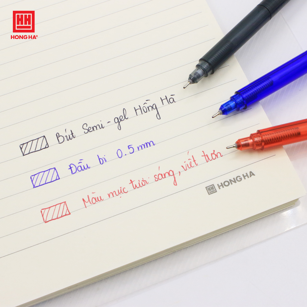 Bút Semi-gel Hồng Hà đầu ngòi 0.5mm viết êm trơn, mực Xanh/Đỏ/Đen nhanh khô - 2465