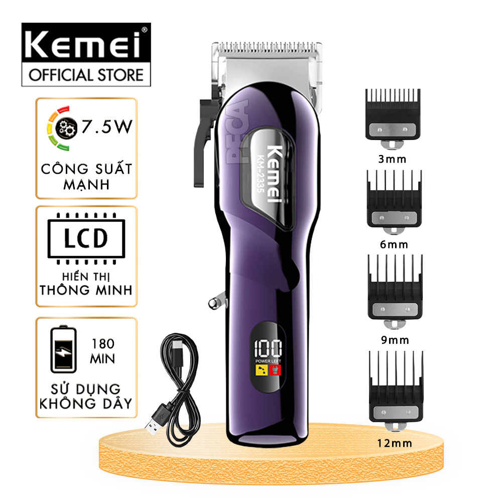 Tông đơ cắt tóc chuyên nghiệp Kemei KM-2335 công suất siêu mạnh 7,5W màn hình LCD sạc nhanh USB type C tiện lợi - Chính hãng