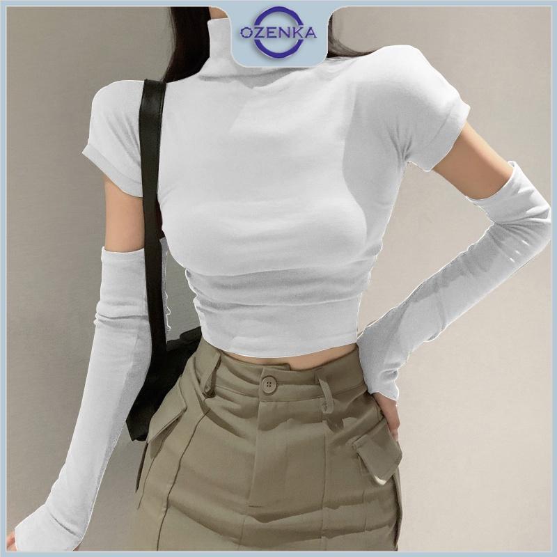 Áo croptop hở lưng cộc tay cổ lọ nữ ozenka , áo crt ôm body thun cotton màu đen trắng dưới 55 cân