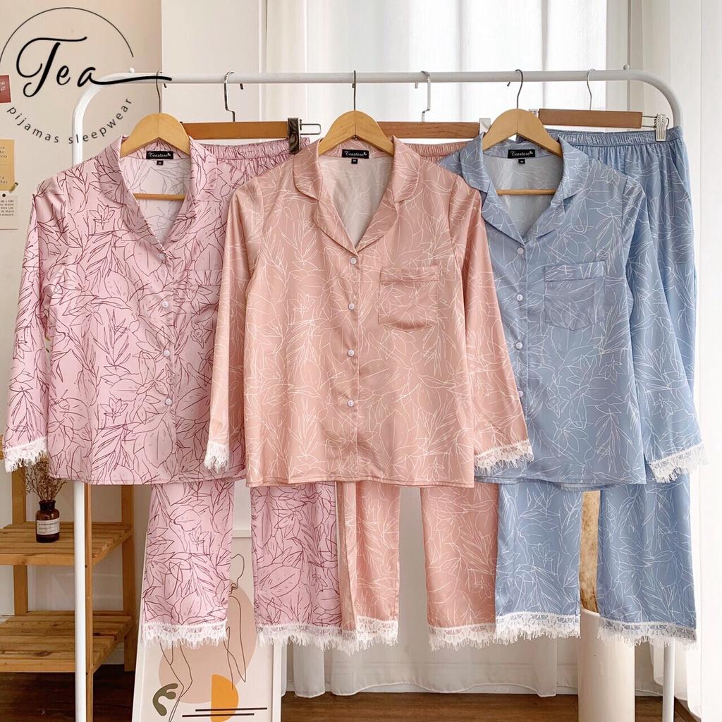 Bộ mặc nhà Pyjama lụa cao cấp Tea Store viền ren 3 màu siêu sang
