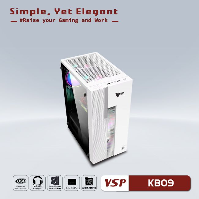 Vỏ máy tính Case VSP KB09 [TRẮNG] Gaming (ATX/M-ATX/ITX) Kính cường lực (Không kèm FAN) - Hàng chính hãng VSP phân phối