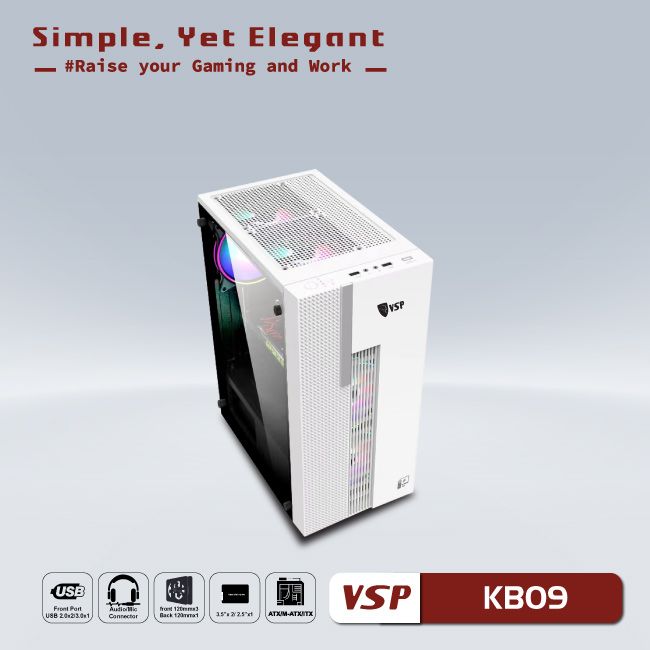 VỎ CASE MÁY TÍNH VSP GAMING KB09 - TRẮNG - KHÔNG KÈM FAN - JL- HÀNG CHÍNH HÃNG