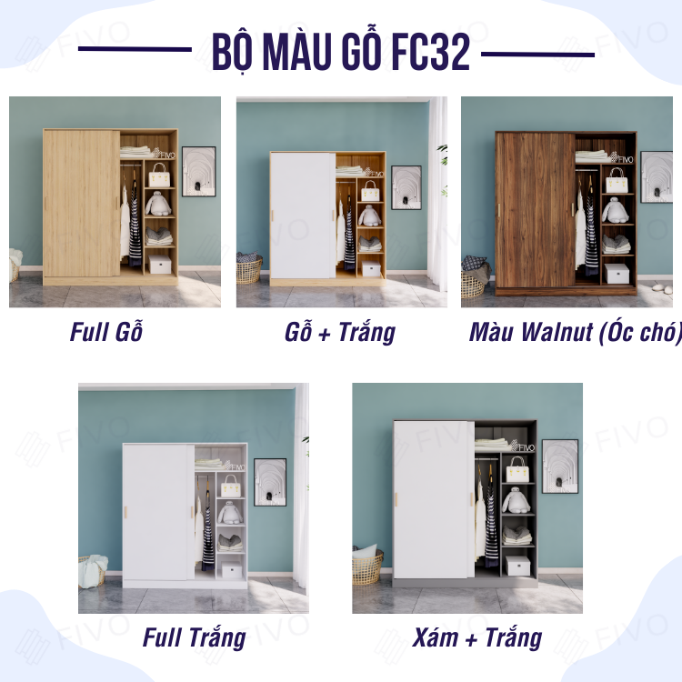 Tủ Treo Quần Áo Cửa Lùa Gỗ MDF Cao Cấp FIVO FC32, Nhiều Ngăn Đựng Đồ, Không Gian Hộc Tủ Trên Rộng Rãi - Màu Trắng