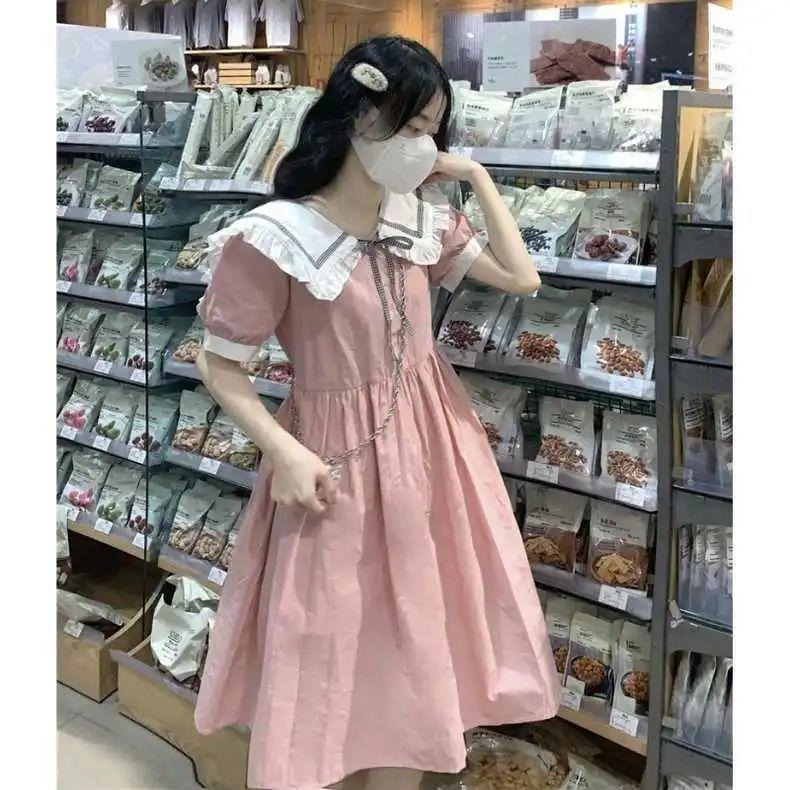 DIYIWEI Ngày hệ ngọt ngào dễ thương đại học gió búp bê cổ ngắn tay áo đầm mùa hè nhỏ giảm tuổi váy chữ a rộng thùng thình(@5
