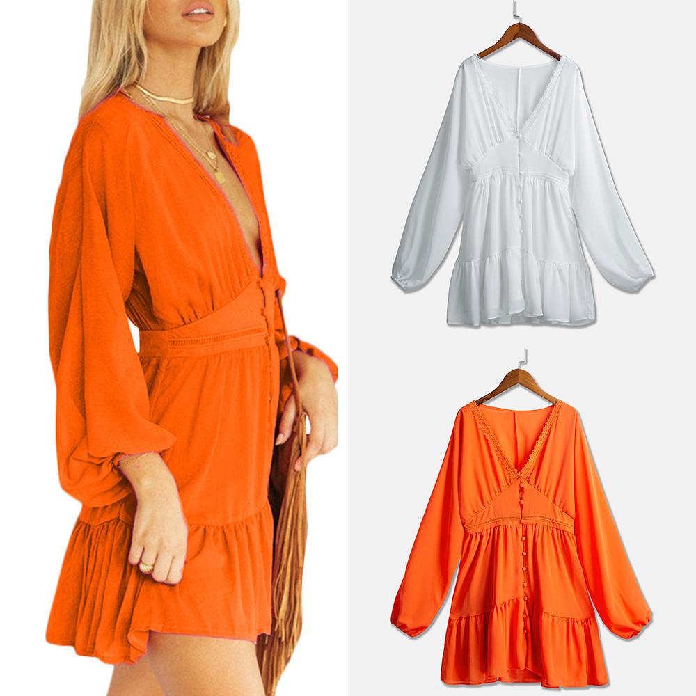 Women Ruffles Dress Button Deep V Neck Long Batwing Sleeves High Waist Boho Holiday Beach Casual Mini Dress