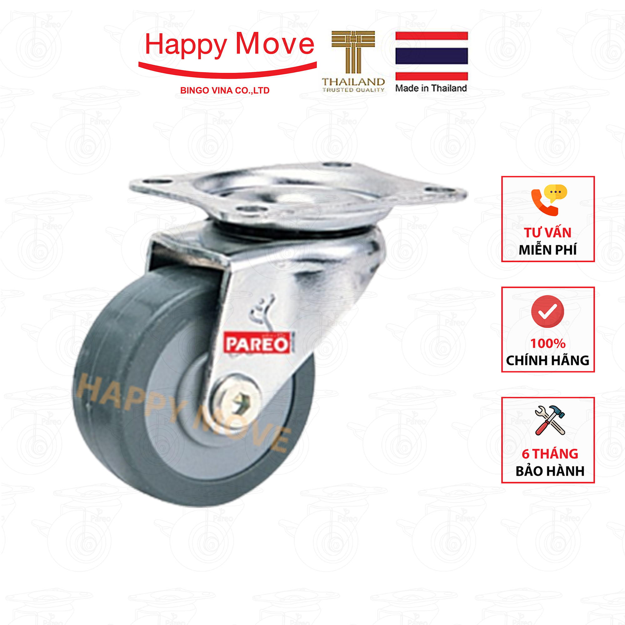 Bánh xe đẩy cao su tổng hợp xám tải nhẹ càng xoay 360 độ - 50-65-75mm - Happy Move Thái Lan