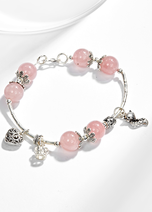 Vòng tay thạch anh hồng phối charm hồ ly bạc Ngọc Quý Gemstones