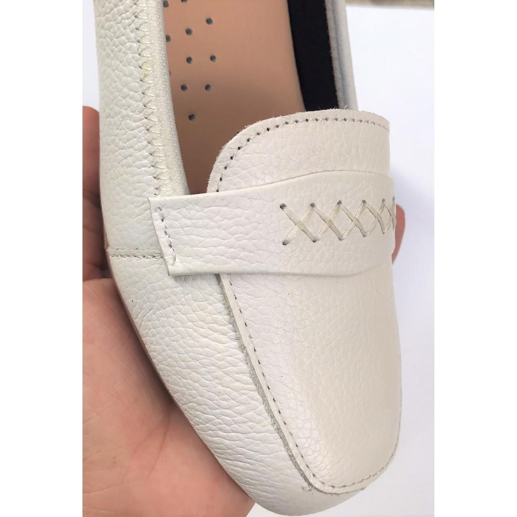Giày búp bê da thật màu trắng đế xuống 3cm mũi vuông thời trang cho nữ DR301