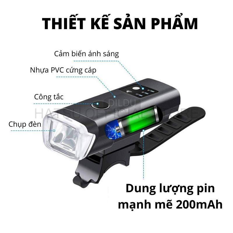 Đèn còi xe đạp siêu sáng HATSU XPG HJ-047B - đèn cảm biến ánh sáng tự động - đèn Led xe đạp thể thao Pin 2400mAh - Sạc USB - Phiên bản có Còi, âm thành 120db