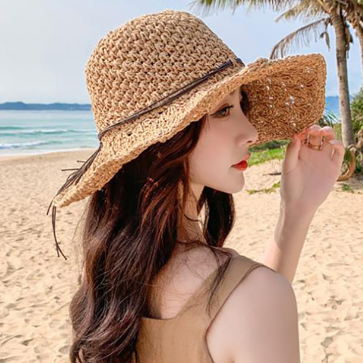 Mũ móc len chất liệu cói style Hàn Quốc thiết kế thanh lịch thích hợp khi đi chơi che nắng