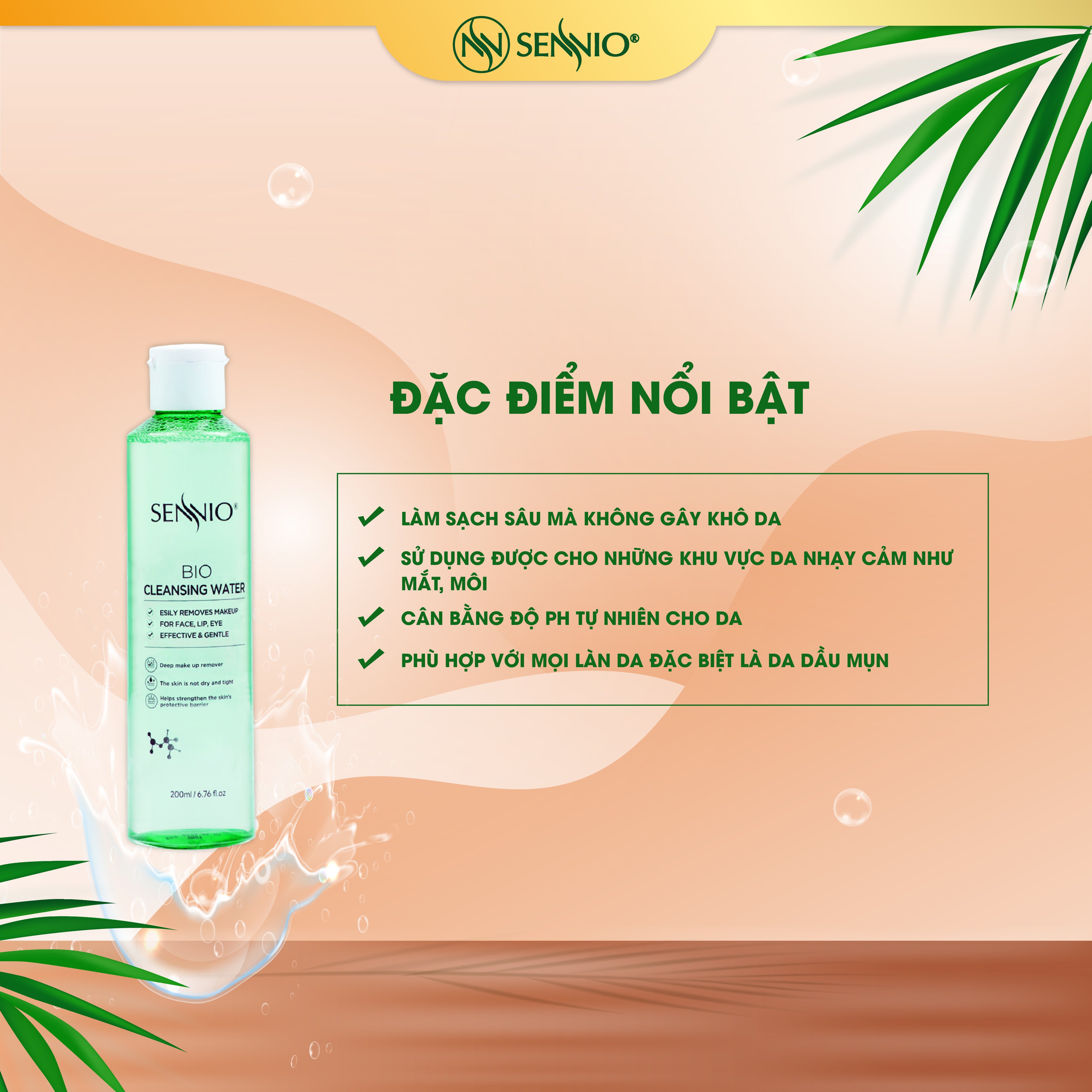 Nước tẩy trang không cồn Sennio Cleansing Water làm sạch sâu phù hợp với mọi làm da 200ml SNO 836