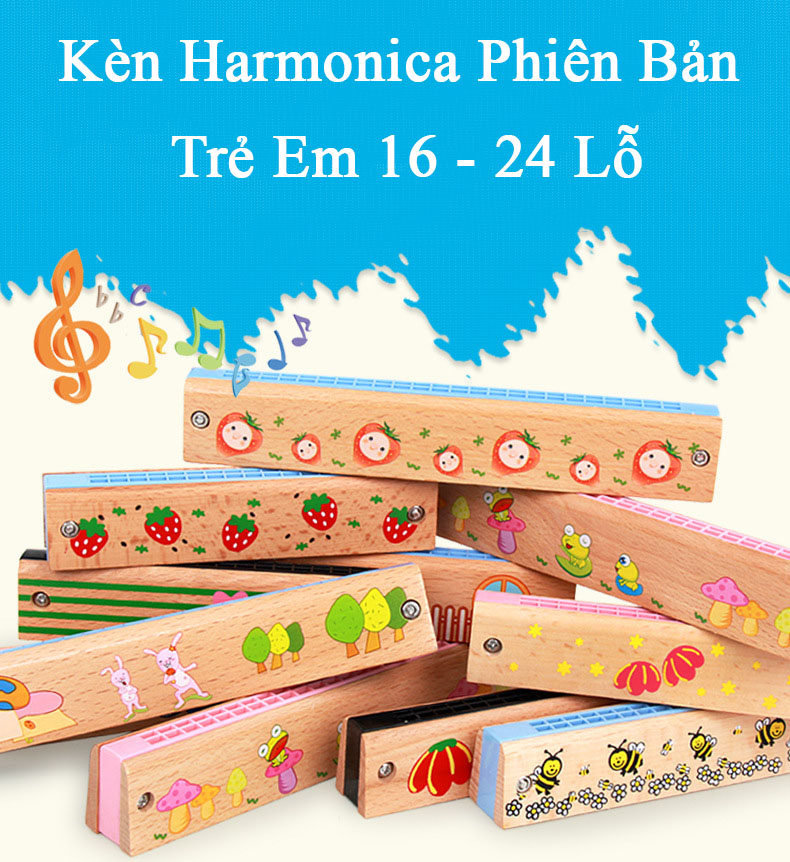 Đồ Chơi Gỗ Kèn Harmonica Phiên Bản Trẻ Em 16 - 24 Lỗ - Tặng Kèm 01 Sâu Bướm Bằng Gỗ