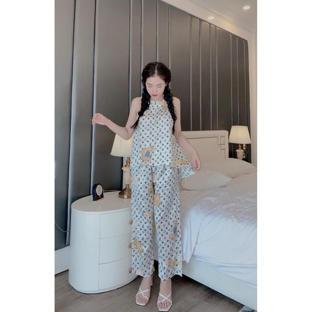 Pijama cổ yếm lụa latin quần dài - Đồ ngủ nữ lụa Latin loại 1 cao cấp không nhăn (ẢNH THẬT CỦA SHOP