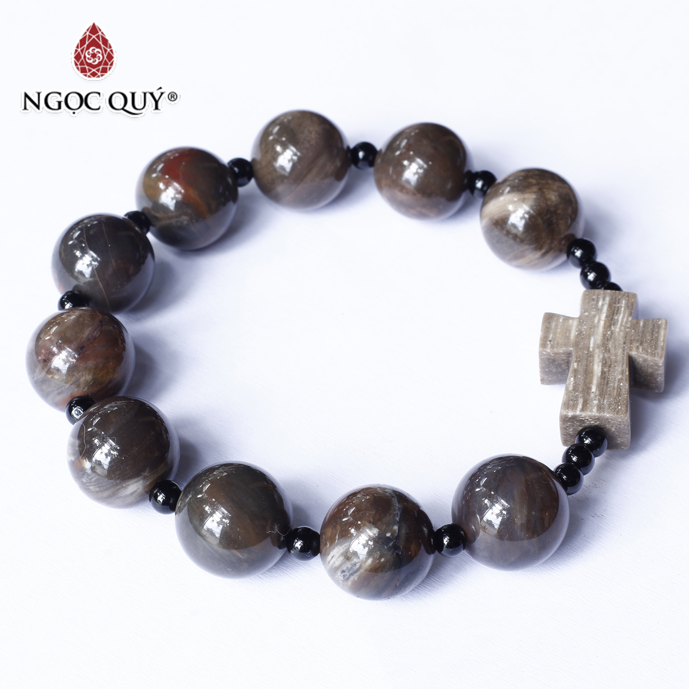 Vòng chuỗi mân côi thánh giá nam đá gỗ hóa thạch Petrified wood - Ngọc Quý Gemstones