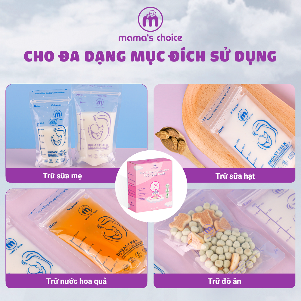 Túi Trữ Sữa Mama's Choice, Túi Đựng Sữa Mẹ Loại 250ml và 120ml, Kiểm Định An Toàn Bởi Bureau Veritas, Hộp 30 Túi