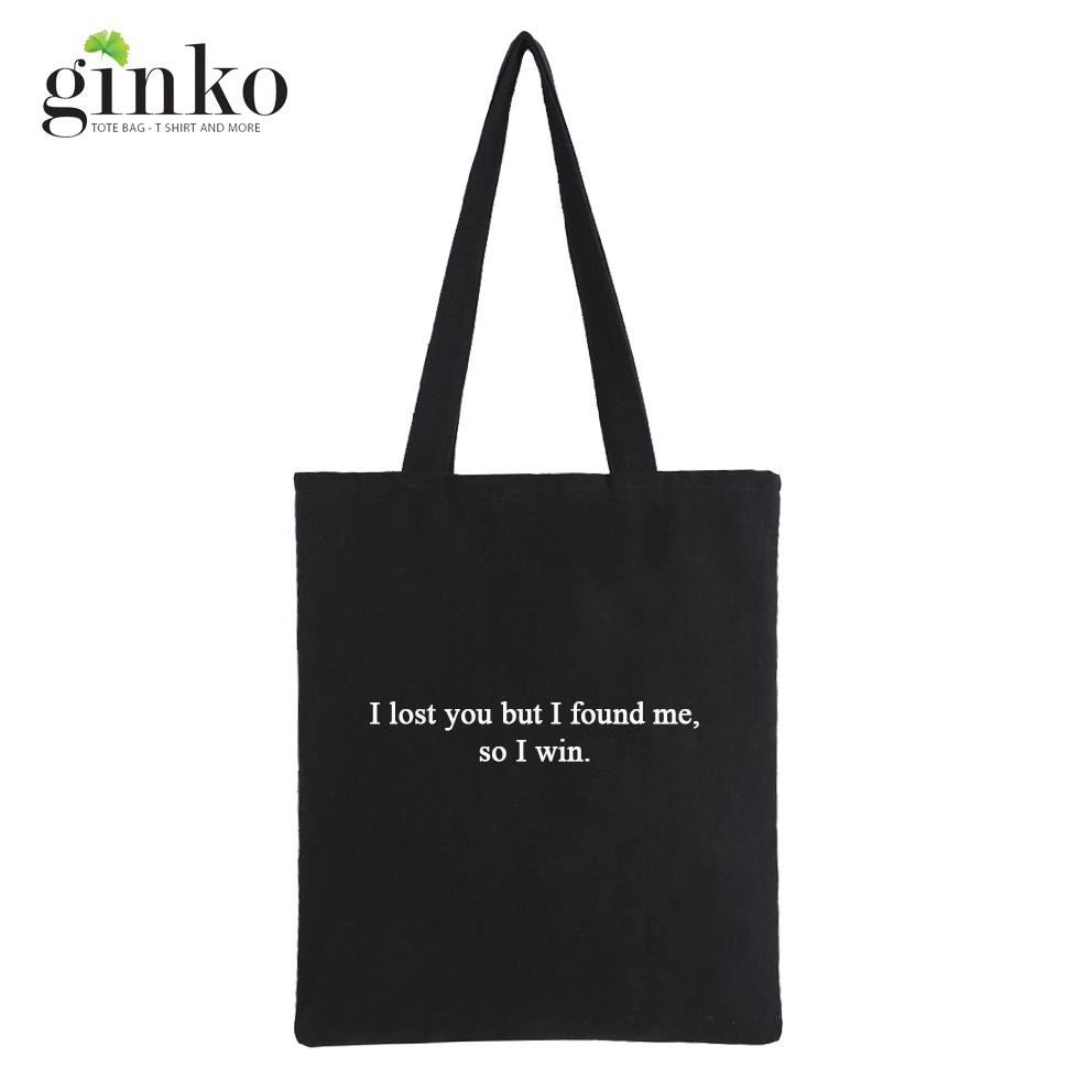 Túi Tote Vải Canvas Ginko kiểu basic có dây kéo khóa miệng túi đựng vừa laptop 14 inch và nhiều đồ dùng khác Phong Cách Hàn Quốc In Chữ So I Win B02