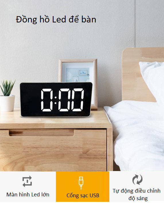 Đồng hồ màn hình LCD đề bàn, có đèn, cắm sạc USB -giao màu ngẫu nhiên( Tặng 2 nút kẹp cao su giữ dây điện- màu ngẫu nhiên)
