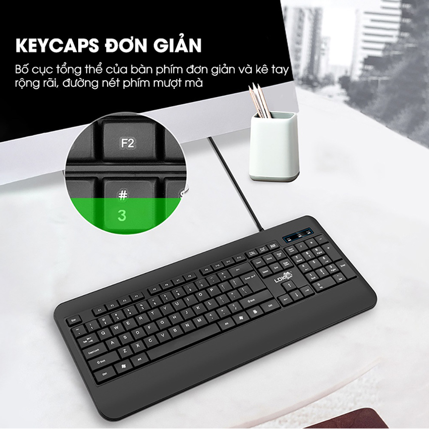 Bàn phím máy tính có dây K9 thiết kế full size 104 phím chống nước phần kê tay siêu rộng cho laptop, máy tính văn phòng