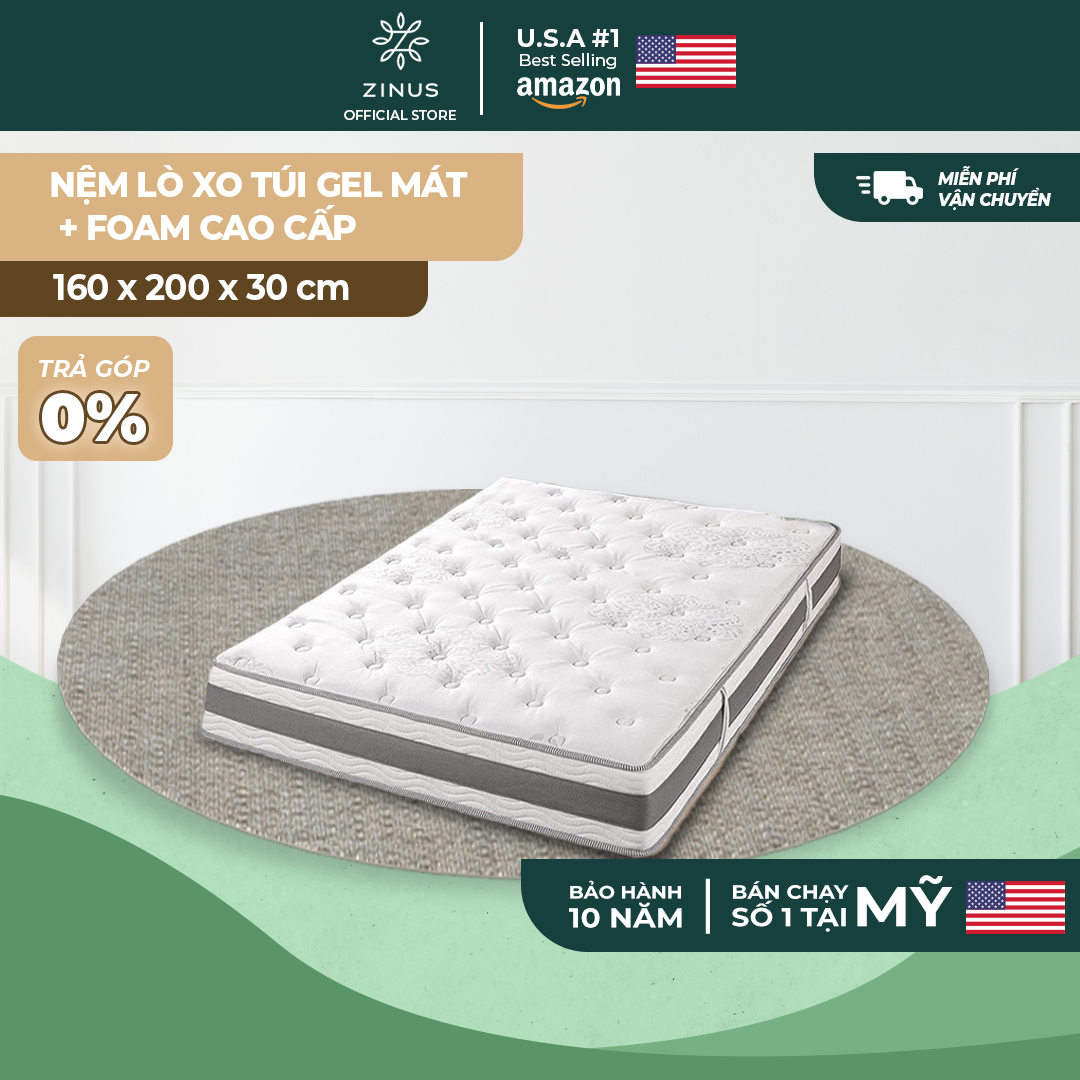 Nệm lò xo túi hút chân không cao cấp Gel mát Zinus - Gel-Infused Memory Foam Hybrid Spring Mattress 30cm