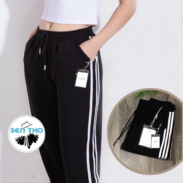 Quần Jogger 3 Sọc Trắng, Quần Nữ Dáng Dài, Thể Thao Có Dây Buộc, Chất Umi Dày Dặn, Co Giãn Tốt