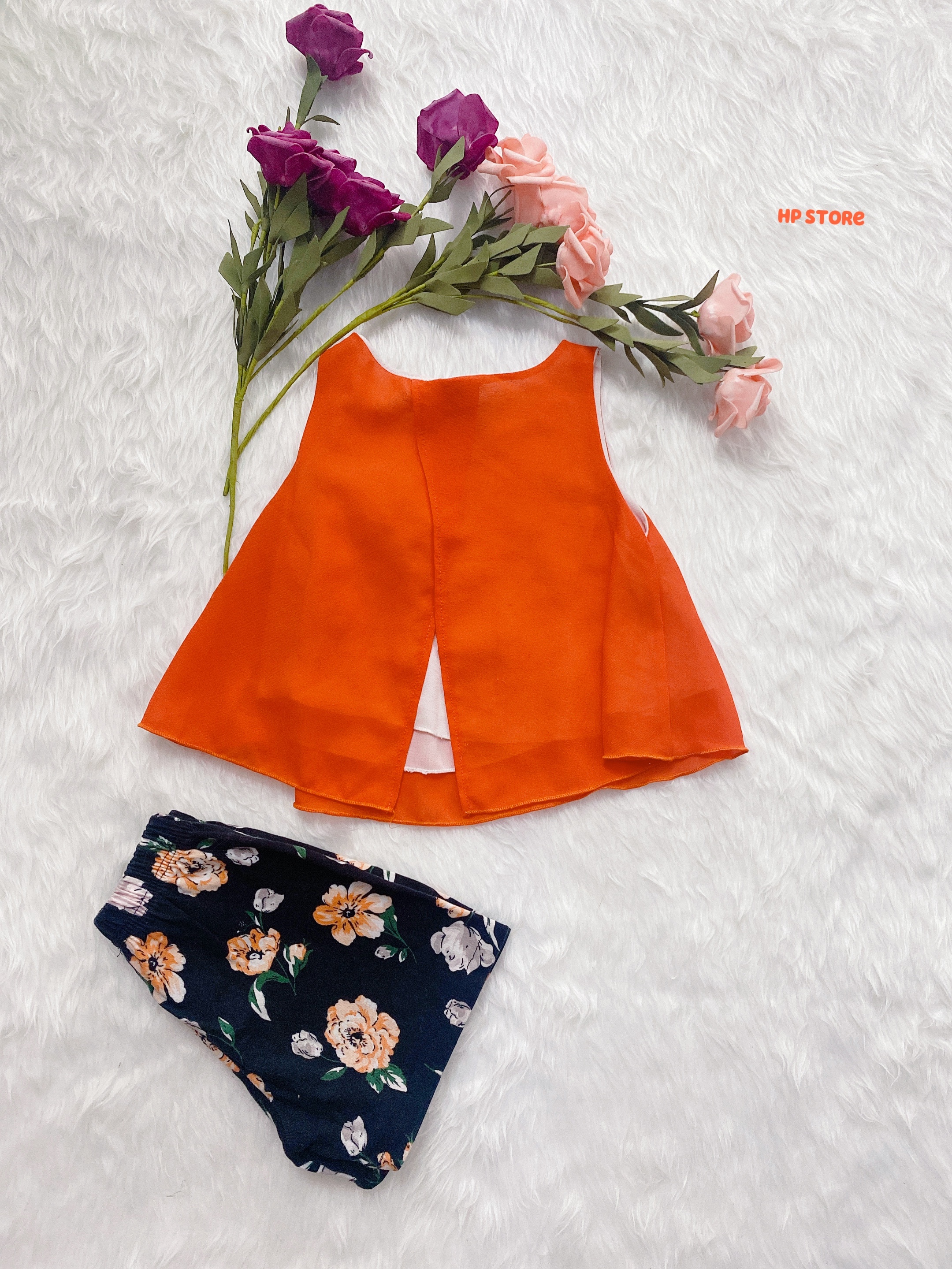 Bộ Áo Quần Ngố Hoa Cam Đính Hoa 7->15 Tháng Bé Gái Chất Voan Siêu Xinh