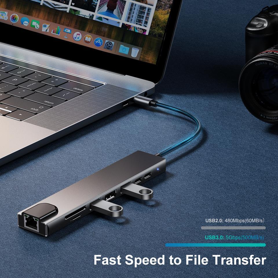 Bộ Chia USB 3 0 USB Type C 3.0 Hub USB C Bộ Chia Loại C Sang HDMI Đầu Đọc Thẻ 8 Trong 1 PD RJ45 Cho Phụ Kiện Máy Tính