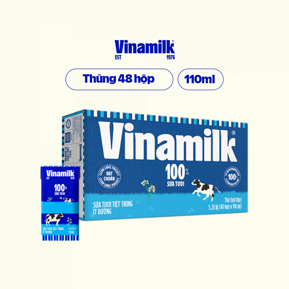 THÙNG 48 HỘP SỮA TƯƠI TIỆT TRÙNG VINAMILK 100% ÍT ĐƯỜNG - 110ML