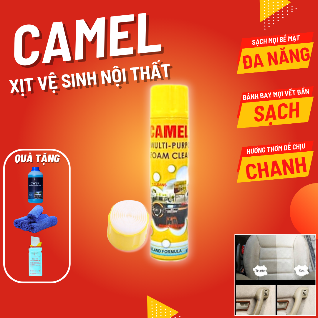 Dung dịch vệ sinh nội thất ô tô, xịt bọt vệ sinh đa năng CAMEL FOAM CLEANER cho nội thất, ghế da, trần nỉ ô tô.