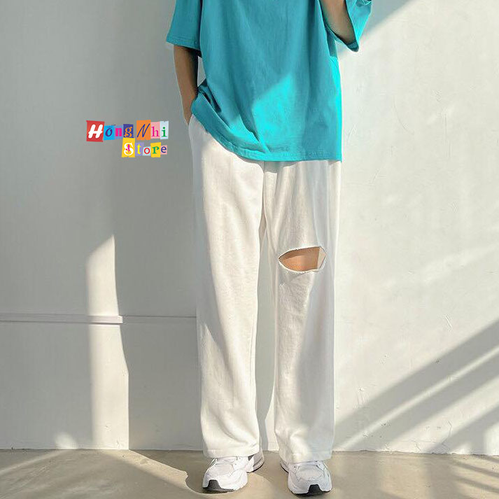 Quần Ống Rộng Rách Gối Màu Trắng Lưng Thun Culottes Ulzzang Unisex - MM