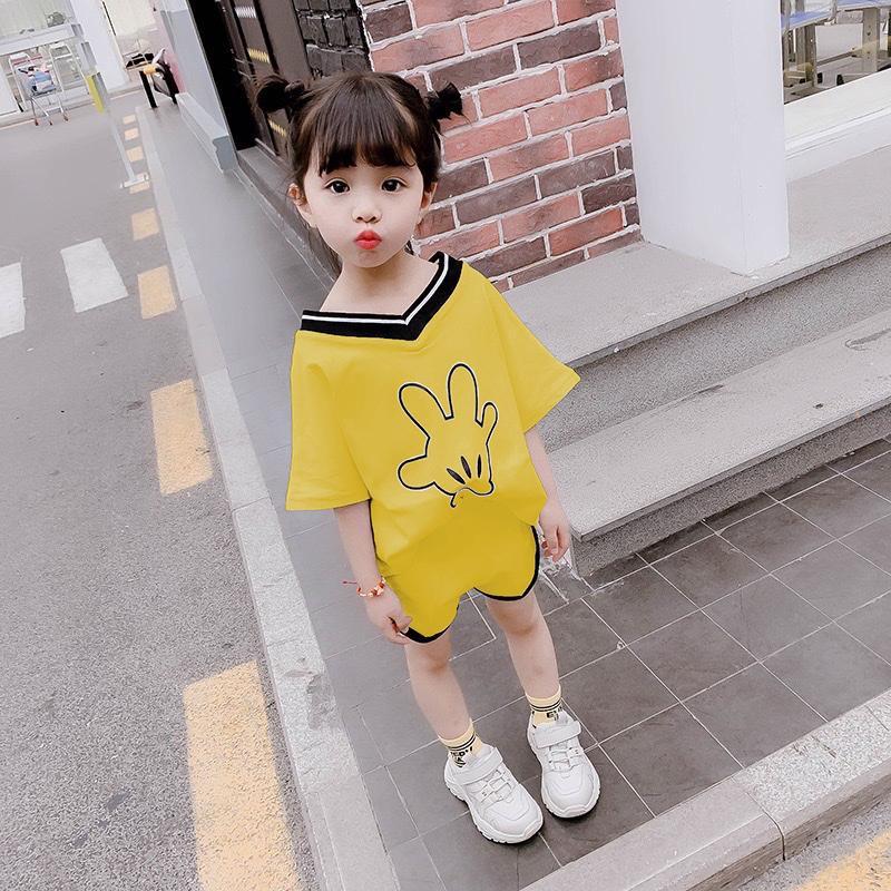 Bộ quần áo thể thao cho bé gái, ngắn tay mát mẻ, in mickey, may viền