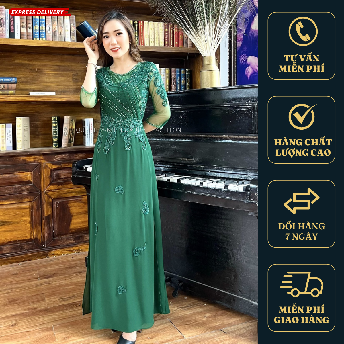 Váy Dạ Hội Áo Dài Xanh Rêu Trung Niên Sang Trọng Cao Cấp Florence Dress