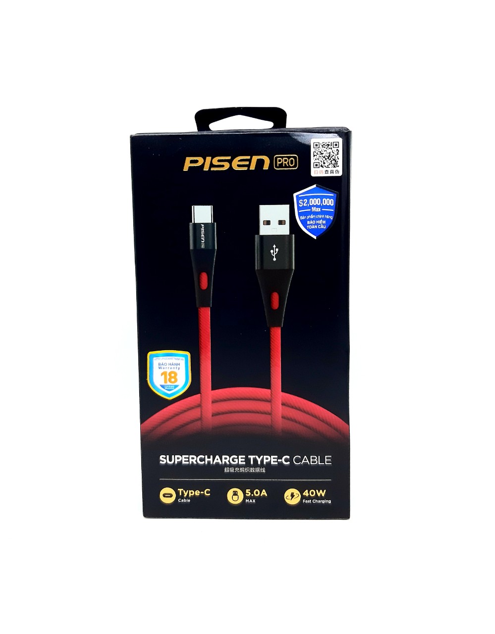 Cáp PISEN Pro - Super Charge Type-C 5A (40W) braided 1200mm - Hàng chính hãng