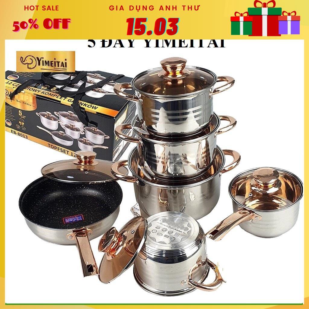 Set Bộ nồi Đức 5 đáy Yimeitai gồm 6 món lắp hợp kim vàng dùng cho mọi loại bếp điện, bếp từ, bếp ga