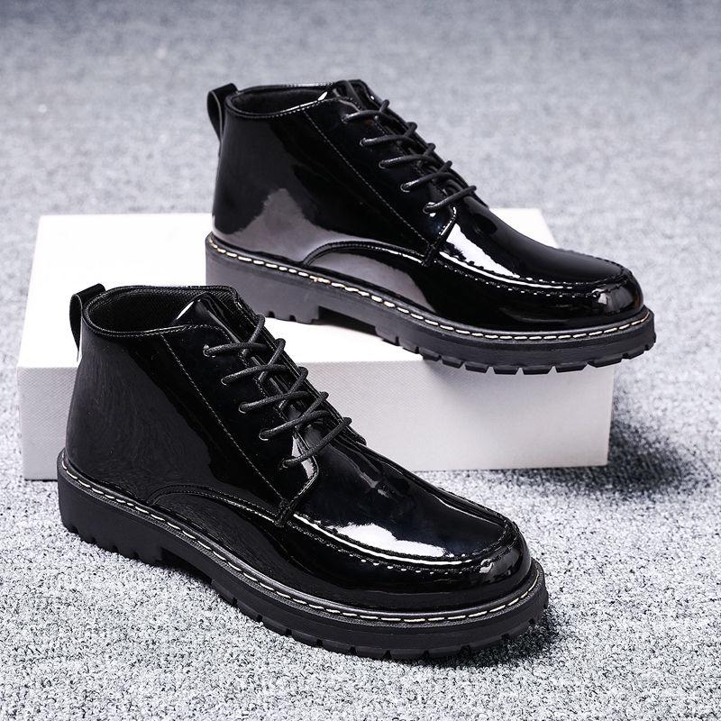 High-top leather shoes men's Korean version of high leather boots students Martin boots short boots winter men's shoes plus velvet cotton shoes - 599 black