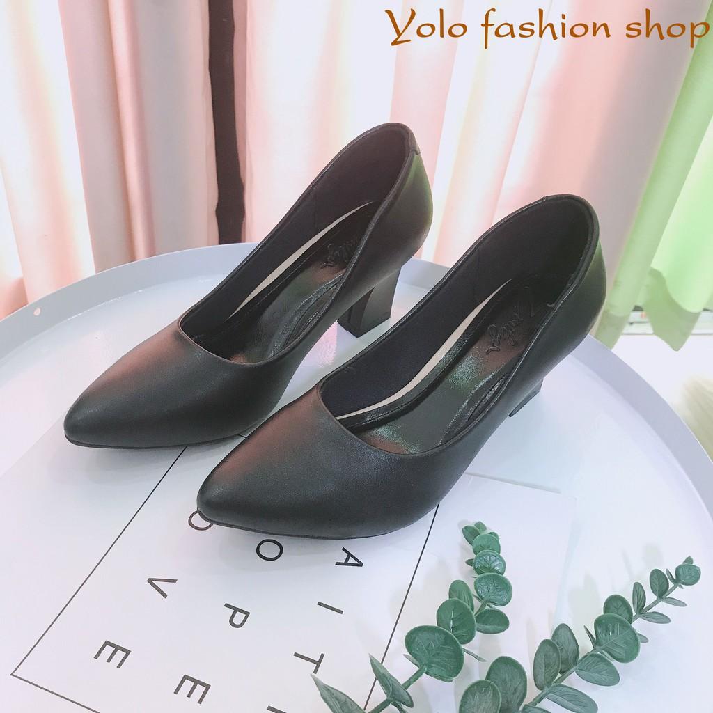 Giày cao gót nữ da lì đế vuông 7cm dáng basic hàng VNXK da mềm êm chân -HC02