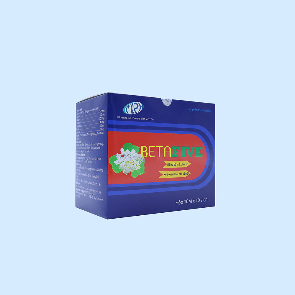 Viên uống cảm cúm Betafive - giúp bổ phế, làm giảm các triệu chứng do hắt hơi, sổ mũi, ho, đau rát họng do cảm. Hộp 100 viên. SP Chính hãng, được Sở Y Tế cấp phép