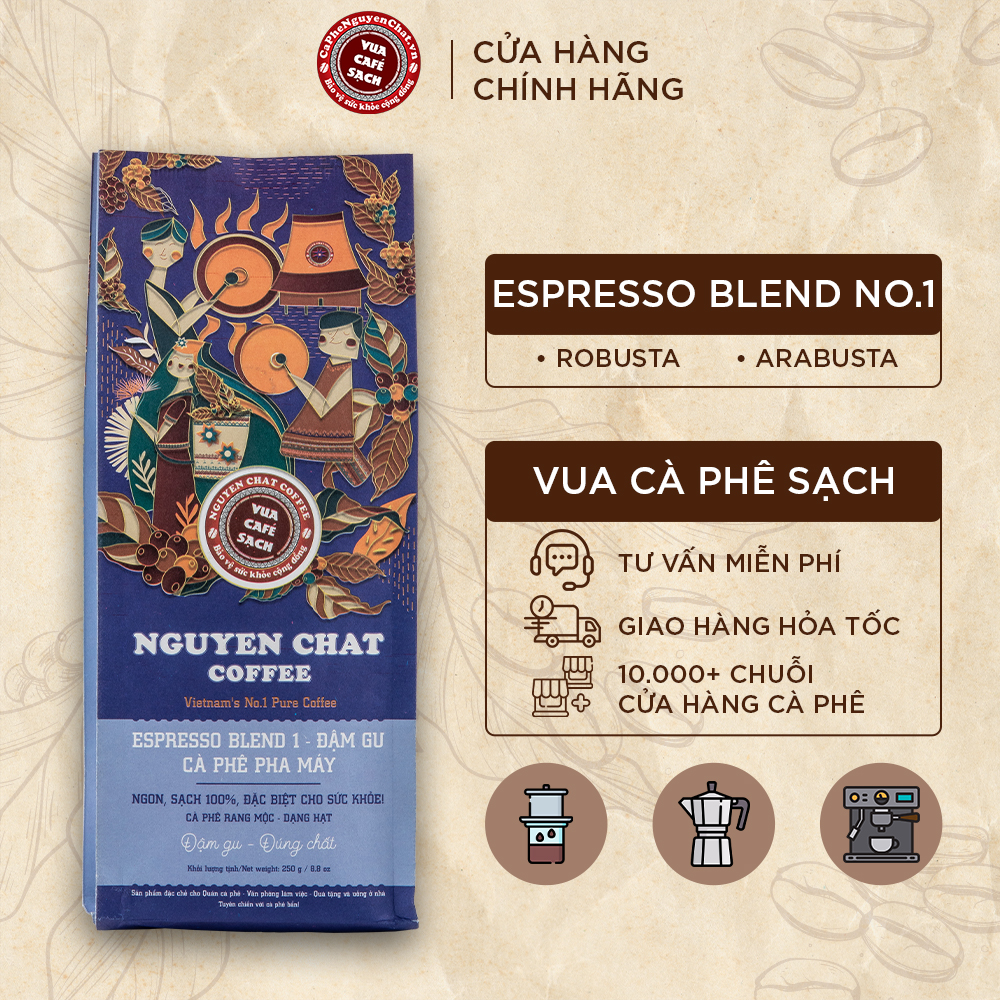 Cà phê ESPRESSO BLEND No.1 dạng hạt nguyên chất phong cách Ý, mùi hương thơm nồng, vị đậm đà hậu kéo dài - 250g
