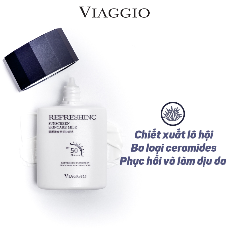 Kem Dưỡng Chống Nắng Phổ Rộng VIAGGIO Refreshing Sunscreen Skincare Milk SPF50 – PA ++++ Phục Hồi Làm Dịu Da 50g