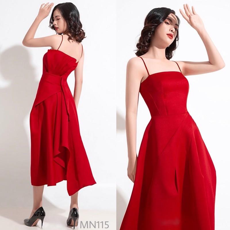 Đầm dự tiệc | Đầm thiết kế hai dây xoè | Đầm đỏ nơ lưng sang trọng Taffta lụa MN115 - Đầm Váy Mina