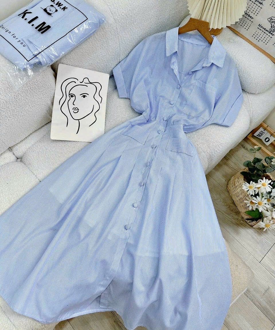 ĐẦM DÀI MIDI SUÔNG CỔ SƠ MI XANH BABY BLUE PASTEL SỌC TAY NGẮN XẾP LY XÒE MAXI DẠO PHỐ ĐI TIỆC ĐI BIỂN ĐI CHƠI CÔNG SỞ