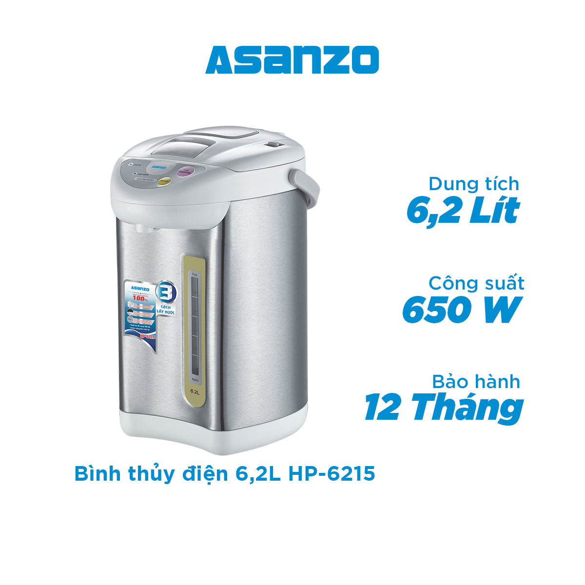 Bình Thuỷ Điện Asanzo 6.2L HP-6215 - Hàng Chính Hãng