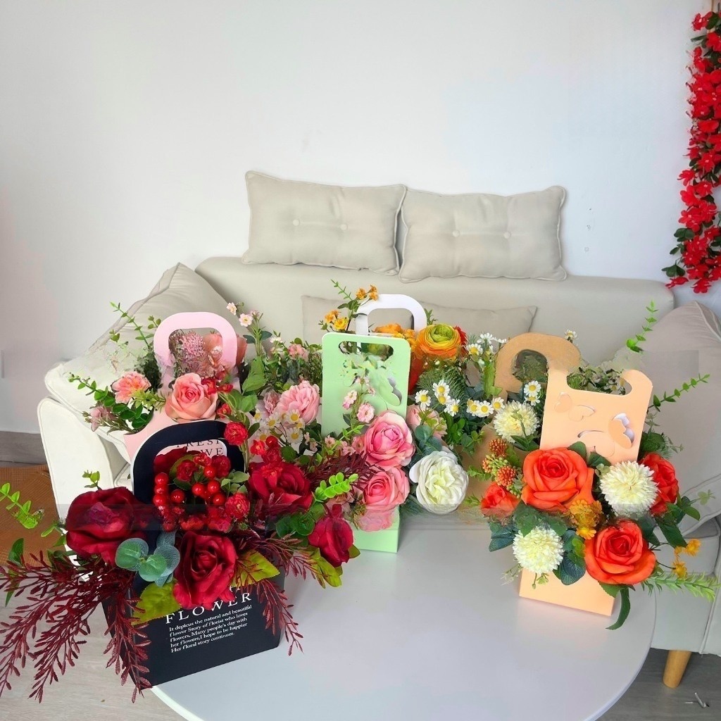 Giỏ hoa lụa, túi hoa lụa quà tặng hoa lụa - tăng thầy cô giáo 20/11 - Cây giả Decor trang trí nhà cửa