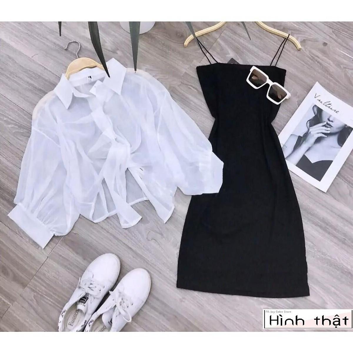 SET ĐẦM NỮ KÈM ÁO KHOÁC SƠ MI - THUN CO GIÃN ÔM BODY HAI DÂY BASIC TRƠN KIỂU HÀN QUỐC HOT GIRL 07 - Đầm tím-sơmi trắng