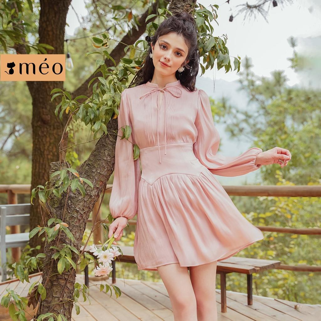 Váy liền nữ Méo shop cổ nơ bo eo dáng xoè đầm dài tay Libern